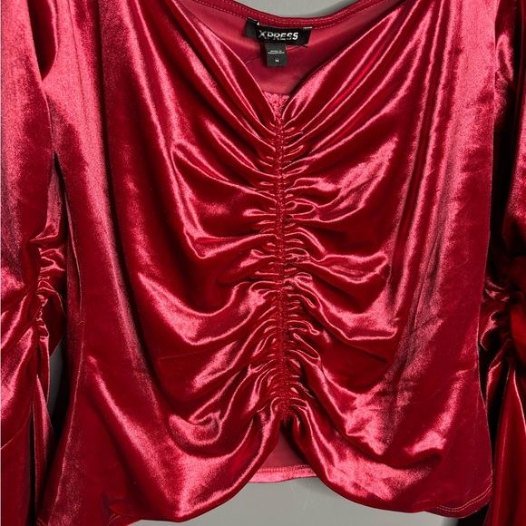 Express Red Velvet Long Sleeve Cinched Front Sweetheart Neck Top Medium - Picture 2 of 6